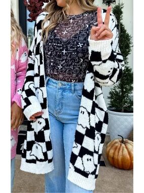 . Blakeley White & Black Oversized Checkered Ghost Long Sleeve Open Cardigan